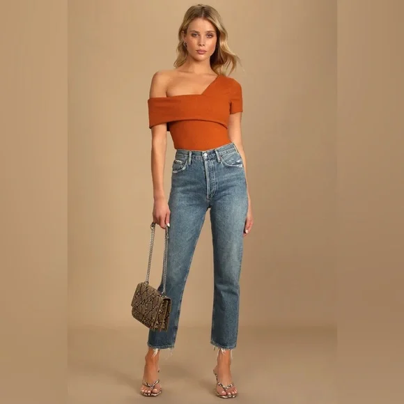 Lulu’s New Orange Rust Ribbed One Shoulder Bodysuit Top Sexy Cute Sold Out - Picture 5 of 5